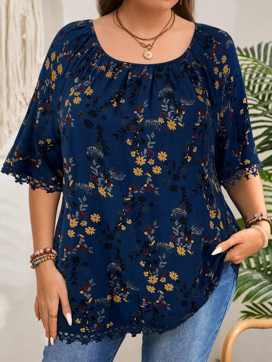 EMERY ROSE 大码女式花卉印花褶饰圆领短袖休闲衬衫，夏季，热带度假 - 藏蓝色 - 查看 1