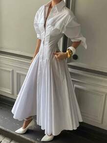 Siren Gaze Damen Freizeit/Pendler Einfarbiges Kleid mit Knopfleiste vorne, Abschlusskleider, Damenkleider, elegantes Abendkleid, weißes Kleid für die Arbeit, Sommerkleider, Damenkleidung, Damenkleider, Geburtstag - Weiss - Übersicht 2