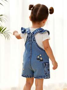 Shorts de peto con volantes de mezclilla para niña bebé con bordado de margaritas, versátil para exterior - Lavado ligero - Ver 2