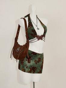 SHEIN ICON 女士两件套日常装假日植绒印花绿棕色胸前蝴蝶装饰露背上衣和臀裙 - 彩色 - 查看 3