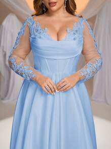 Aureia Plus Size Elegant Luxurious Sheer Long Sleeve Dress, Featuring Crystal Pearl Embroidery, Lace, Mesh And Satin Panels, Large Flare Hem, Ideal For Wedding, Engagement Party, Honeymoon, Bride