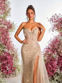 Glamrae 优雅奢华珍珠和亮片网眼拼布手工水钻装饰露肩紧身胸衣侧高开叉美人鱼尾飘逸拖尾正式晚礼服、派对礼服，适合婚礼宾客 - 香檳色 - 查看 7