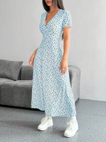 SHEIN PETITE Women's V-Neck Ditsy Floral Summer Short Sleeve Dress (Random Cutting) Maxi Women Outfit - Multicolor - View 3