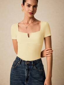 Poéselle Women's Summer Solid Color Slim Fit Short Sleeve T-Shirt With Notched Neckline Has A Breast Cup T-Shirt Wedding Modest Elegant Graduation Office Wear Street Wear Milkmaid Sexy Women Tops Summer T-Shirt Old Money - Yellow - View 5