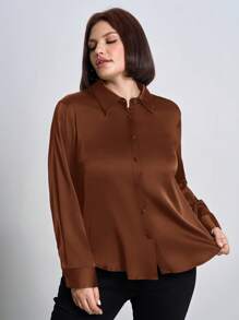 Chikora Áo sơ mi cài nút bằng vải satin bóng mịn cỡ lớn dành cho nữ, trang phục công sở dành cho phụ nữ - Màu nâu Sô-cô-la - Xem 6