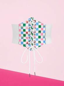 THE POWERPUFF GIRLS X SHEIN 1pc Women's Colorful Plaid & Hexagon Graphic "Blossom, Bubbles, Buttercup" Print Corset Belt, Versatile For Daily Wear, Random Pattern - White - View 1