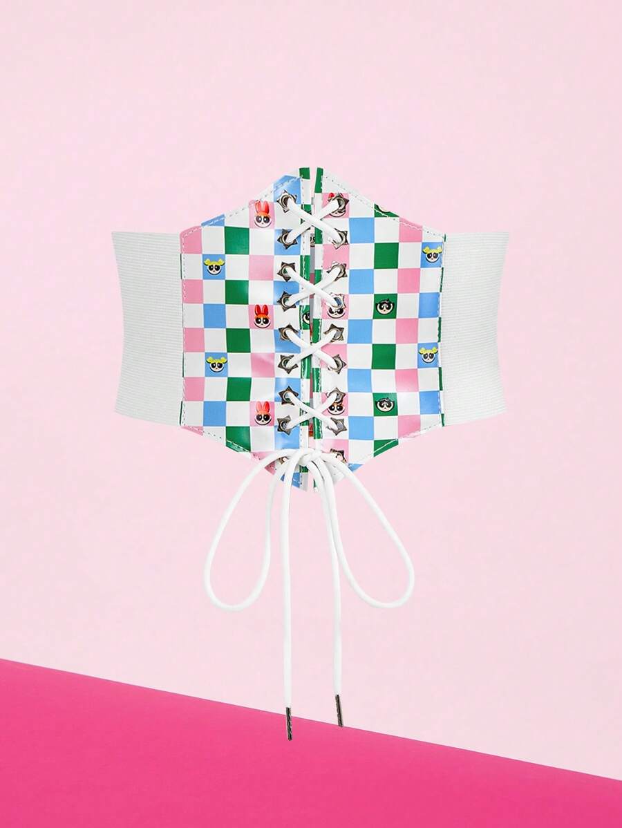 THE POWERPUFF GIRLS X SHEIN 1pc Women's Colorful Plaid & Hexagon Graphic "Blossom, Bubbles, Buttercup" Print Corset Belt, Versatile For Daily Wear, Random Pattern - White - View 1