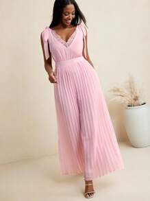 Young Addiction Pink Solid Chiffon Pleated Lace Trim V Neck Wide Leg Pants Jumpsuit For Women Summer Outfit