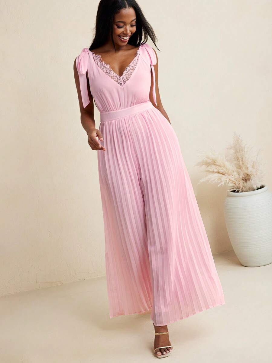 Young Addiction Pink Solid Chiffon Pleated Lace Trim V Neck Wide Leg Pants Jumpsuit For Women Summer Outfit