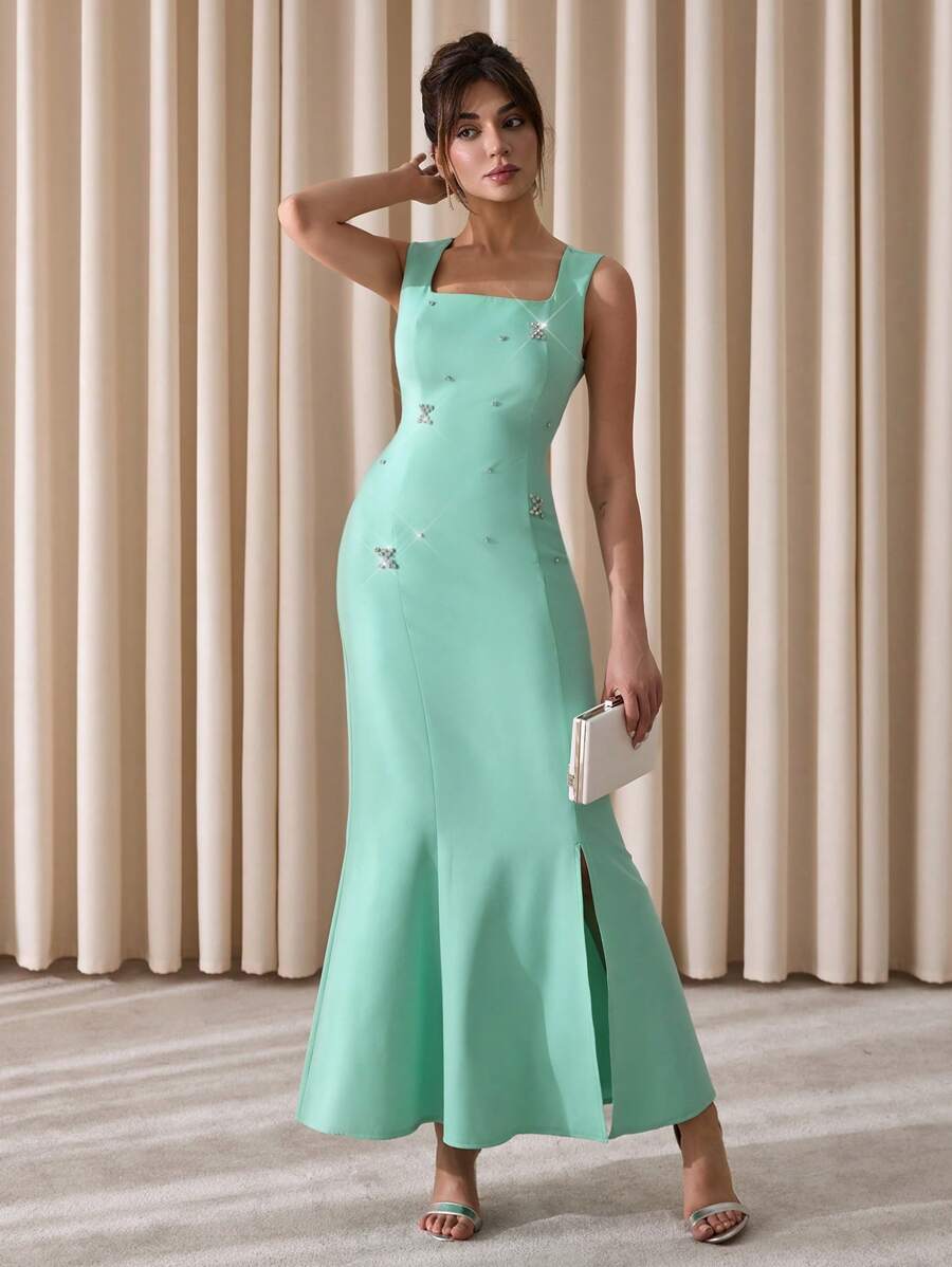 EURMUSE Váy suông chữ A và bodycon thanh lịch được thiết kế bằng đá Rhinestone, Váy maxi thanh lịch có chi tiết đính đá Rhinestone, Váy ngày lễ tình nhân - Màu xanh Bạc hà - Xem 1