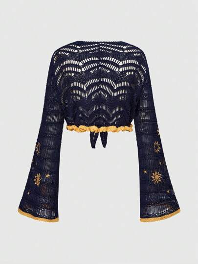 Hippie Women's Hippie Boho Moon & Star Embroidery Crochet Flare Sleeve Cardigan