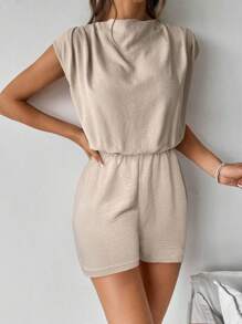 Firerie Khaki Turtleneck Sleeveless Short Jumpsuit For Women, Elegant Casual Romper For Commute, Khaki Shorts Jumpsuit, Summer Romper, Spring/Summer Outfit, Commute, Elegant, Teacher's Day, Work Attire,Graduation,Teacher Outfits For Women,Back To School - Khaki - View 3