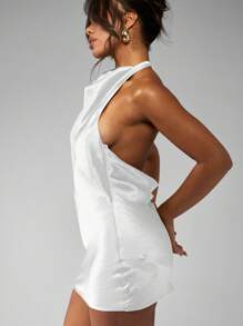 MISSGUIDED Đầm ngắn cổ yếm bằng satin ánh kim, hở lưng, thích hợp cho tiệc mùa hè, đám cưới, buổi tối, thanh lịch, dáng chữ A. - trắng - Xem 6