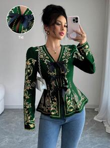 Chiquease 女士花卉印花前系带优雅长袖衬衫，度假/度假装 - 墨綠色 - 查看 1