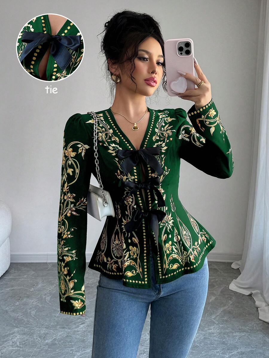 Chiquease 女士花卉印花前系带优雅长袖衬衫，度假/度假装 - 墨綠色 - 查看 1