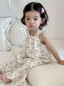 Dazy Kids 女婴全身印花无袖宽松中长款家居服度假装 - 米色 - 查看 1