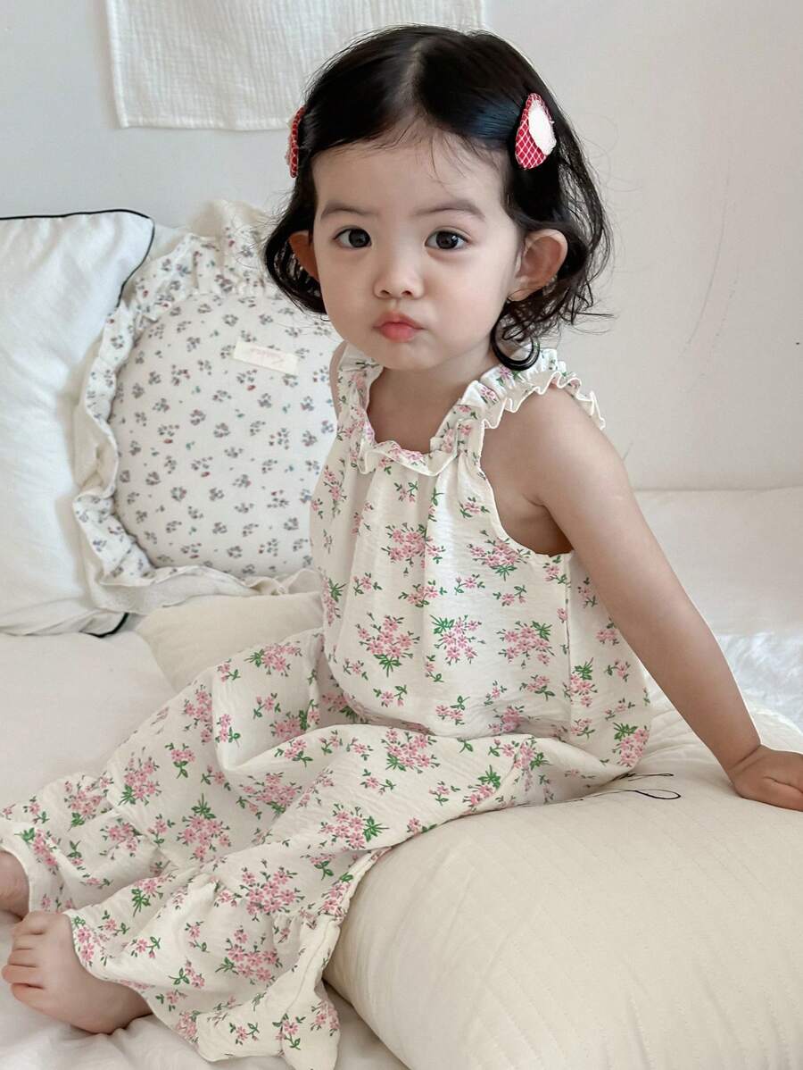 Dazy Kids 女婴全身印花无袖宽松中长款家居服度假装 - 米色 - 查看 1