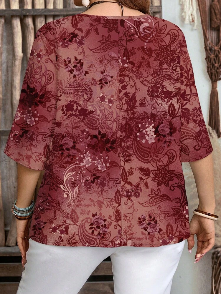 Plus Size Women Casual Floral Print Shirt, Suitable For Summer Chic Blouses For Women,Flower/Vacation/Spring