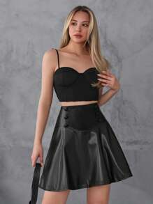 EURMUSE PU Leather Flare Skirt - Black - View 6