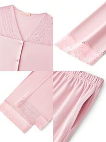 LUVLETTE Soft 100% Pure Cotton Pink Lace Trim Button-Up Top & Pants Loungewear Pajama Set Pants With Pockets Bridal Intimates Fall Pajamas Clothes,Spring And Summer - Baby Pink - View 13