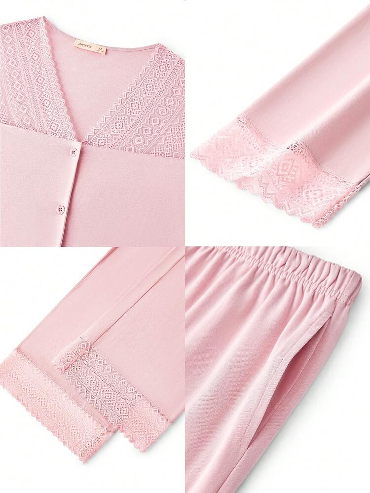 Soft Cotton Lace Trim Button-Up Top & Pants Loungewear Pajama Set