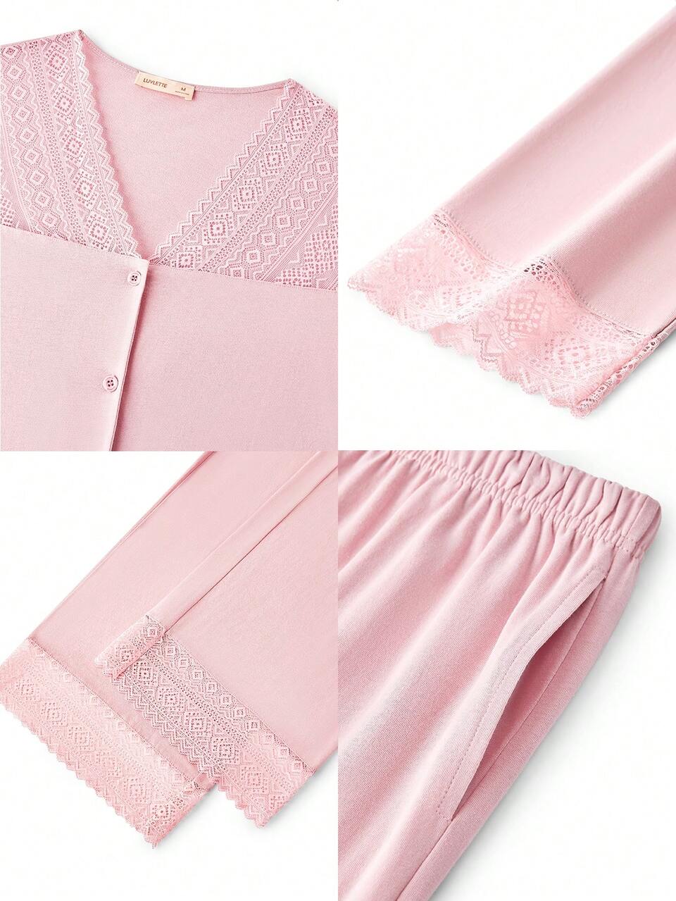 Soft Cotton Lace Trim Button-Up Top & Pants Loungewear Pajama Set