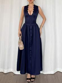 Firerie Váy cổ viền vỏ sò xanh mùa hè mới/Váy ô/Váy chống nắng/Trang phục mùa hè cho phụ nữ/Quần áo phụ nữ Boho/Trang phục kỳ nghỉ bãi biển/Trang phục lễ hội/Trang phục kỳ nghỉ ven biển/Quần áo lễ hội - Xanh đậm - Xem 6