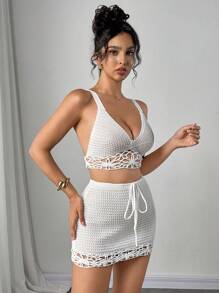 Firerie Nuovi completi di top e gonna in maglia traforata a tinta unita, con fiori lavorati a mano, per donna, abbigliamento estivo boho, adatto per vacanze al mare, festival, abbigliamento da spiaggia