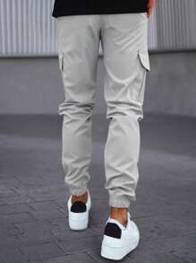 Manfinity LEGND Men's Casual Drawstring Waist Long Pants, Multi-Pocket Cargo Trousers, Versatile - Light Grey - View 2