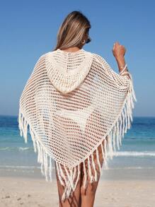 Swim Vcay Beach Resort Loose Tassel Retro Print Hooded Cover-Up Women For Summer Beach Vacation - Apricot - View 4