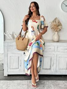 SHEIN Clasi Women's Plus Size Beige Summer Boho Tropical Resort Ocean Printed Square Neck Ruffle Sleeve Dress,Vacation Holiday Sun Dress Clothing - Multicolor - View 7