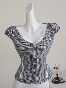 Elamini Black & White Checkered Short Sleeve Shirt With Ruffle Trim, Button Up Fitted Top