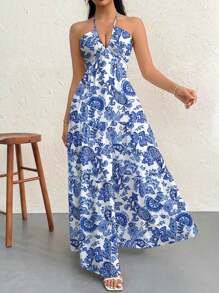 Firerie 女式超大波西米亚印花休闲连衣裙，适合夏季、海滩度假、春假、音乐节、毕业典礼 - 藍色 - 查看 2