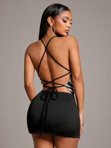 SHEIN SXY Women's Contrast Stripe Spider Web Halter Neck Top, Summer - Multicolor - View 2