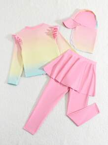 مجموعة سباحة بقبعة مكونة من ملابس علوية بأكمام طويلة وبنطال بطبعات ملونة متدرجة للفتيات الصغار