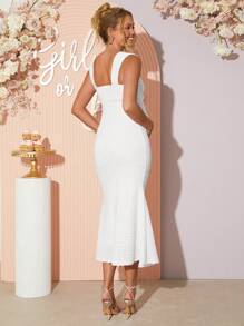 Loomaby 孕妇纯色鱼尾下摆修身优雅吊带连衣裙 - 白色 - 查看 2