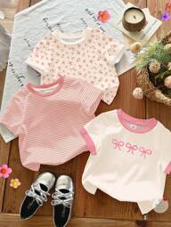 SHEIN 3pcs/Set Young Girls' Casual & Versatile Round Neck Short Sleeve T-Shirts, Featuring Cute Bohemian Floral, Soft Pastel Stripes, And 3D Bow Designs, Suitable For Spring/Summer Home, Vacation, And Back To School Toddler Girl Tops Kids Girl Tops Baby Girl Tees