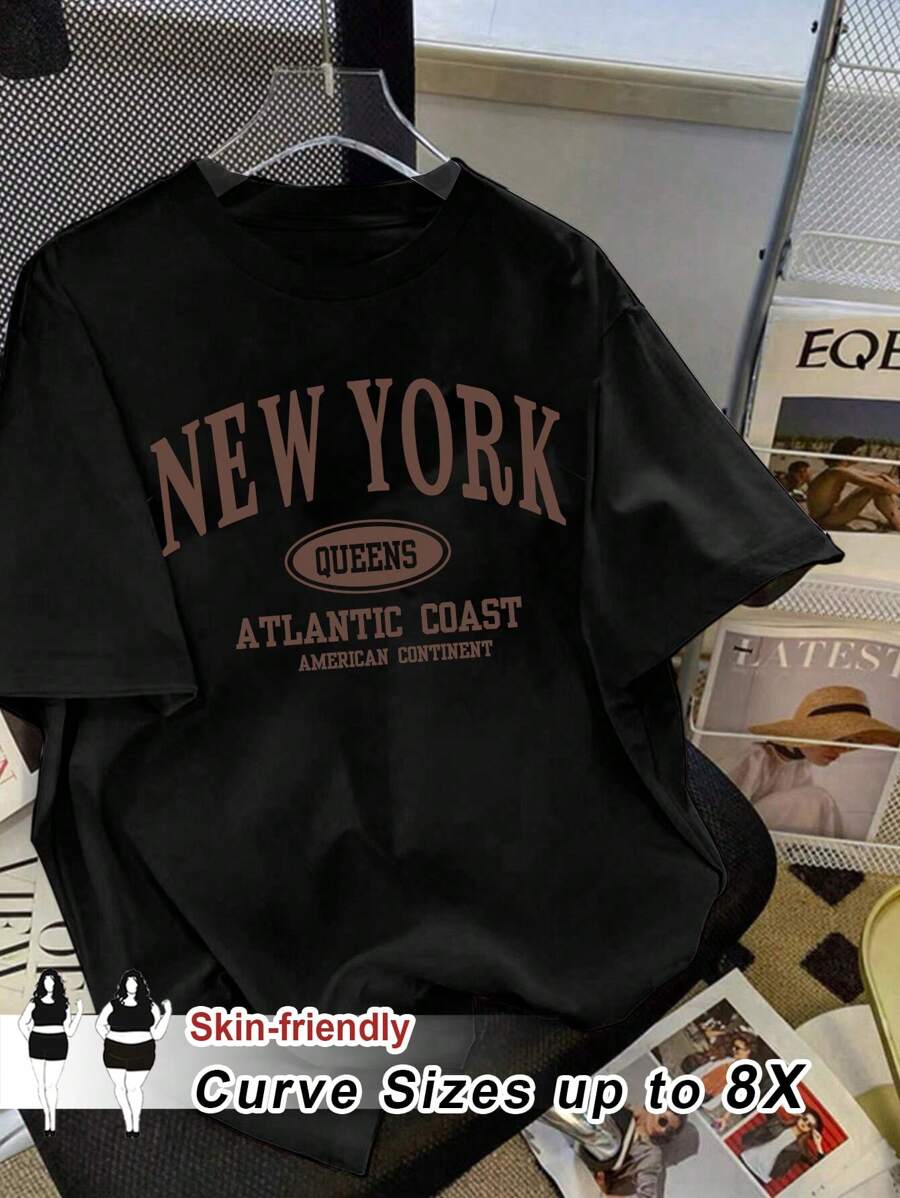 SHEIN CURVE+ Plus Size Casual Loose Short Sleeve Round Neck Women's T-Shirt, Suitable For Summer, Text Print - Black - View 1