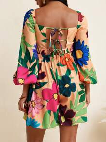 BELANGE HANDMADE Floral Print Flared Long Sleeves Bow Backless Women Jumpsuit Vacation Holiday Beach