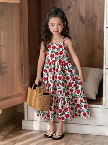 SHEIN Young Girl Floral Print Elegant Fashion Comfortable Bow Decorated Spaghetti Strap Mid-Length Dress Summer Holiday