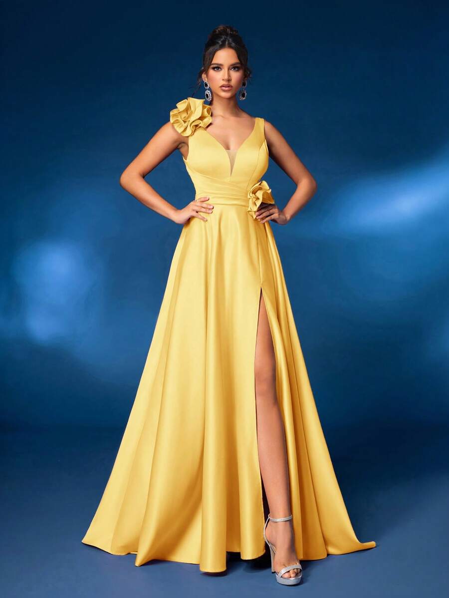 Glamrae 优雅奢华 V 领 3D 花卉装饰高开衩 A 字形长款拖尾连衣裙，正式晚礼服，派对礼服，适合婚礼宾客