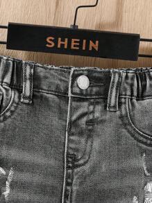 SHEIN Baby Boy Summer Casual Distressed Ripped Frayed Black Button Front Pockets Skinny Denim Shorts,Baby Spring/Summer Spring Break Daily Wear - Black - View 6