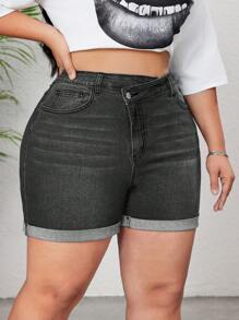 SHEIN CURVE+ Pantaloni scurți pentru femei, de mărime mare, denim albastru, cu talie asimetrică - Gri - Vizualizare 4