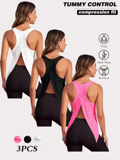 Activina 3pcs Women Solid Color V-Neck Backless Split Hem Casual Fitness Sports Camisole