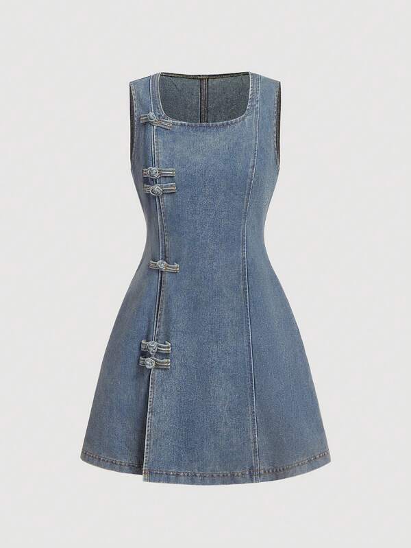 SHEIN MOD Women's Denim Dress, Square Neck Sleeveless Fitted A-Line Dress, Blue Summer Dresses For Women Summer Outfits For Women Concert Outfit Women  Ibiza Outfits Graduation Dress  Casual Dresses For Woman Cruise Outfits Women, Vintage
