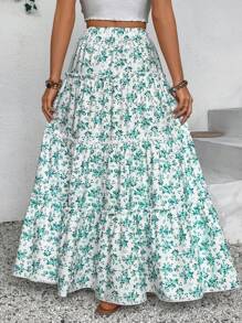 SHEIN VCAY Plus Size Ditsy Floral Skirt, Casual & Relaxing - Teal Blue - View 2