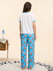 Paul Frank X SHEIN Women Monkey Graphic Short Sleeve T-Shirt And Pants Sleepwear Set, Summer Casual - Blue - View 2
