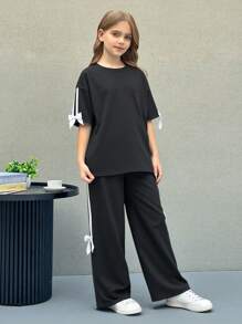 SHEIN Nova Glow Tween Mädchen Lässig Mode koreanischer Stil Einfarbig loses gestricktes Rundhals T-Shirt und weite Hose 2-teiliges Set