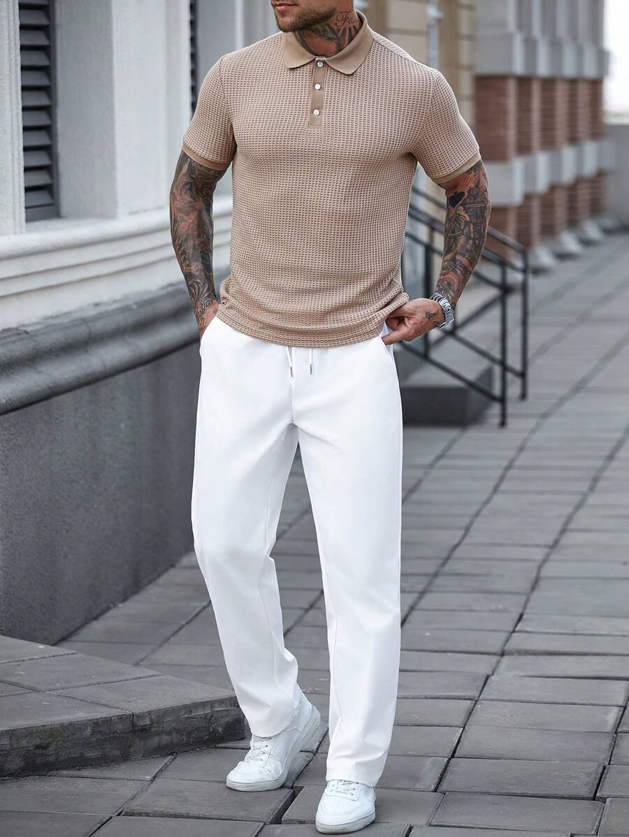 Manfinity Homme Bộ 2 món áo polo dệt kim Waffle mùa hè Manfinity dành cho nam, phù hợp mặc thường ngày, mặc ở nhà và đi làm. Trang phục lý tưởng làm quà tặng cho chồng và bạn trai. Bộ polo đa năng và phổ biến nhất trên INS. Bộ áo polo tay ngắn thường ngày và quần dài trắng có túi dành cho nam, mùa hè. - Nhiều màu - Xem 1