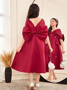 SHEIN Tween Girls' Elegant Bow & 3D Floral Decor Formal Dress - Apricot - View 5